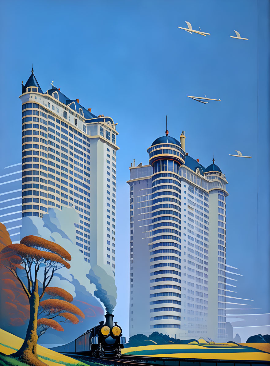 Cityscape art with vintage train, tall buildings, and birds