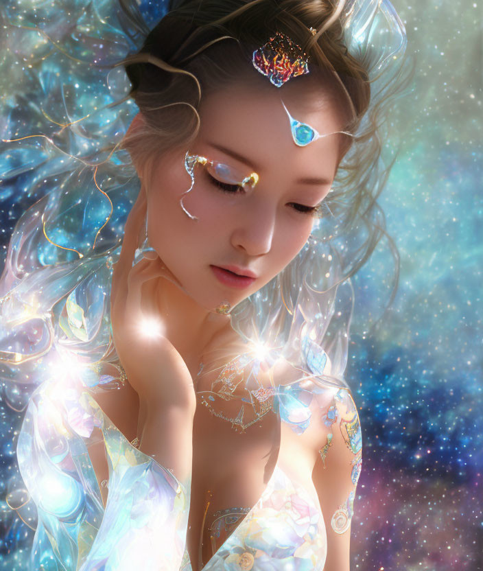 Fantasy portrait of woman with sparkling jewelry and celestial background