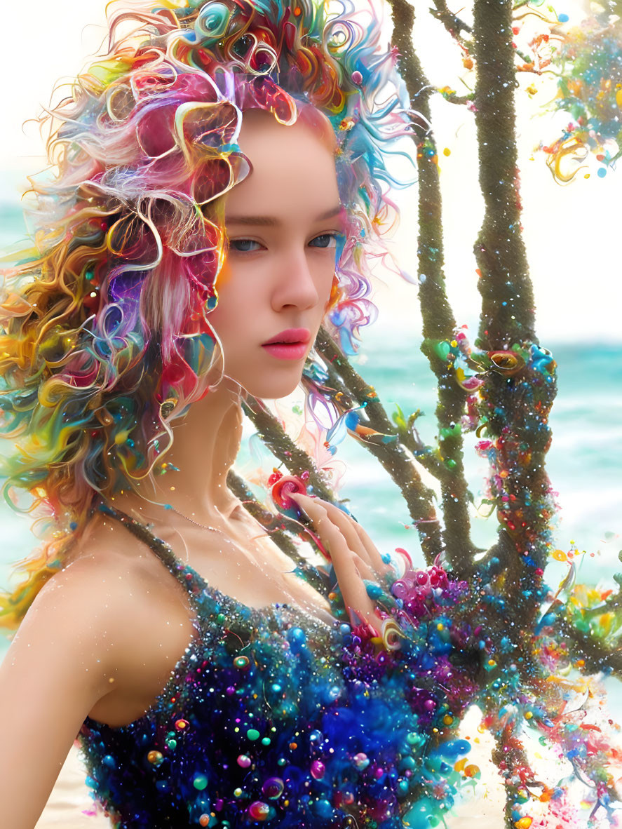 Colorful woman with curly hair in cosmic dress by the sea