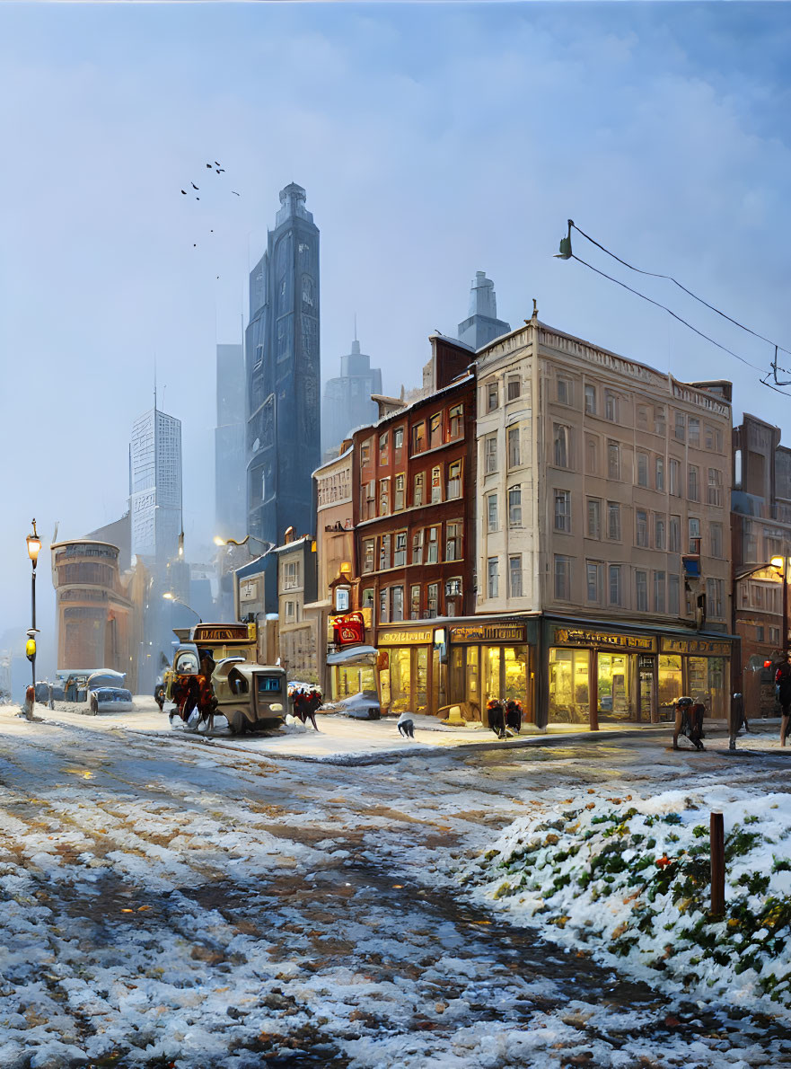 Snowy city street scene at dusk with vintage cars, pedestrians, and illuminated shopfronts