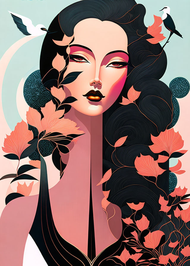 Stylized woman with flowing hair and botanical elements in artistic illustration