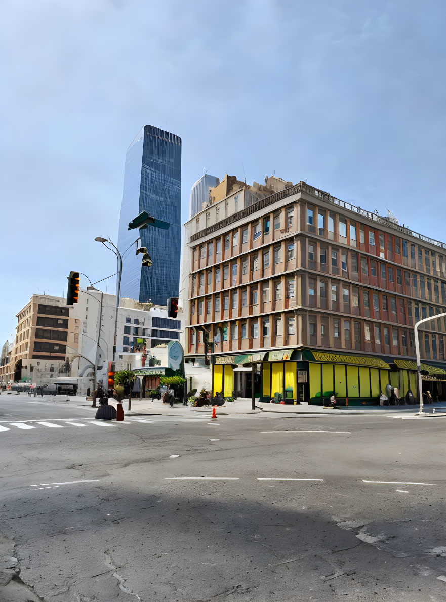 Urban intersection: traffic lights, historic architecture, modern skyscraper under blue sky.