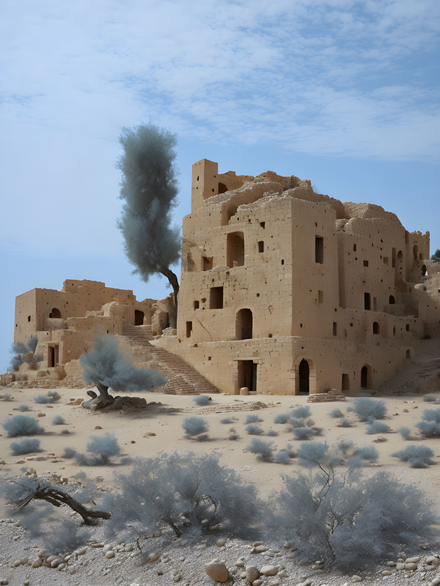 Ancient desert ruins with sparse vegetation and lone tree