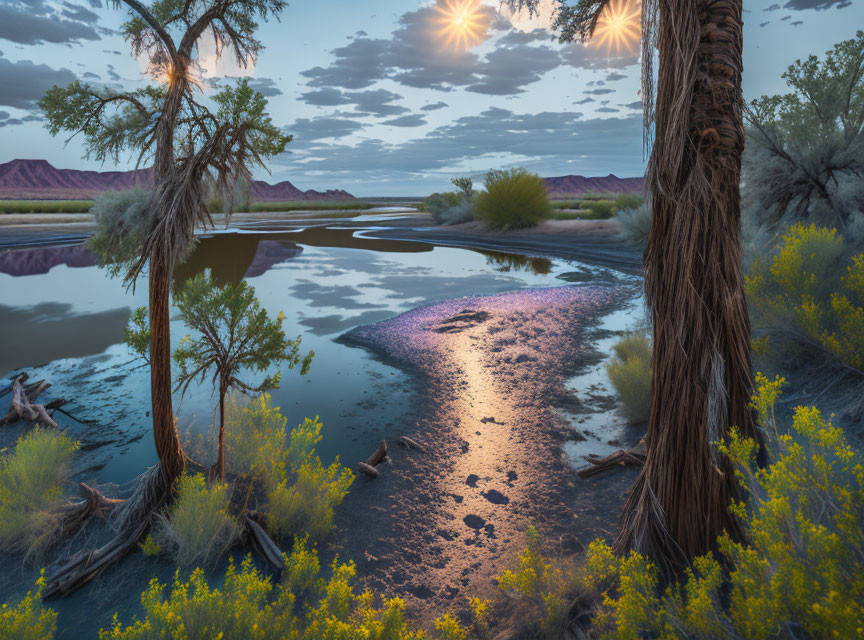 Twilight river landscape with lush greenery and sparkling water