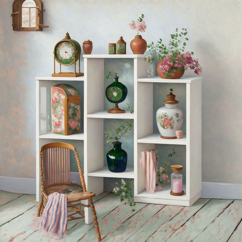 White bookshelf with vintage clocks, vases, and flowers beside a wooden rocking chair with pink throw