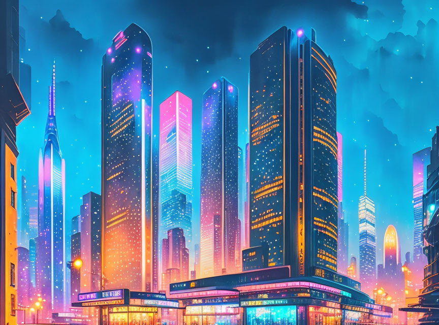 Futuristic cityscape illustration with neon-lit skyscrapers at twilight