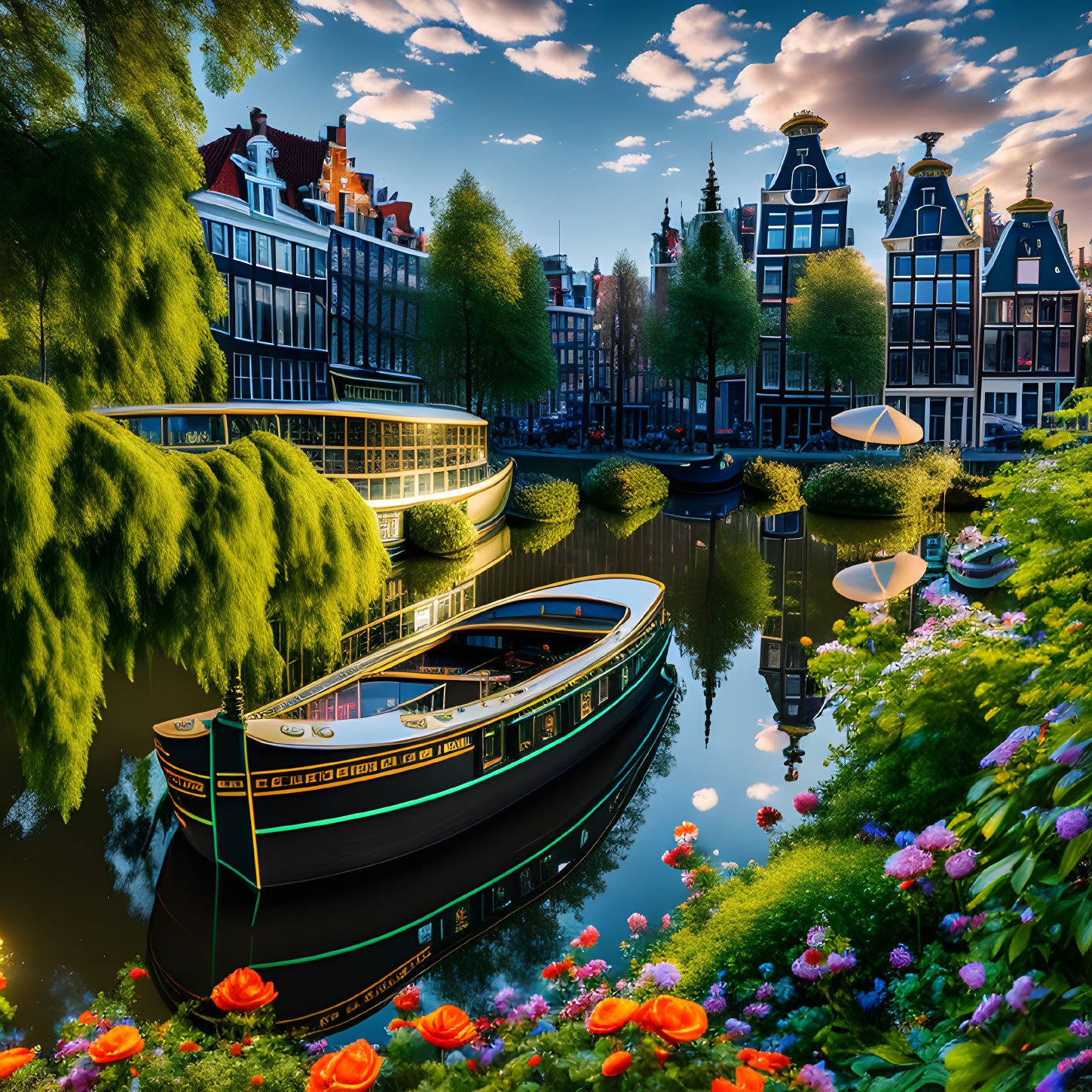 Amsterdam canal with Dutch houses, houseboat, flowers, greenery