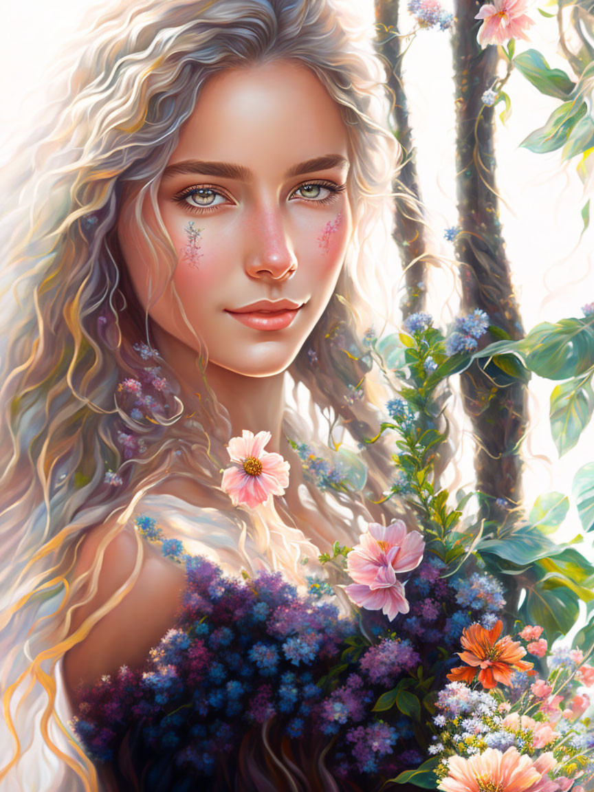 Detailed digital portrait of woman with blonde wavy hair among lush flowers