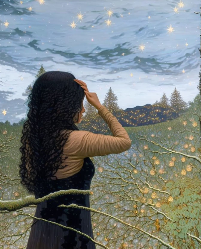 Woman gazing into starlit forest with golden-lit trees