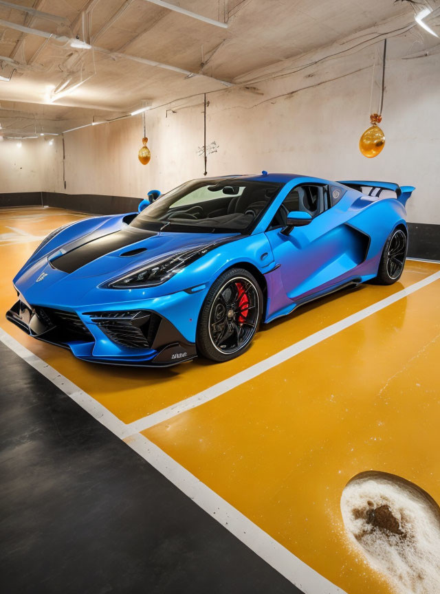 Blue sports car with black accents parked in garage with hanging lights