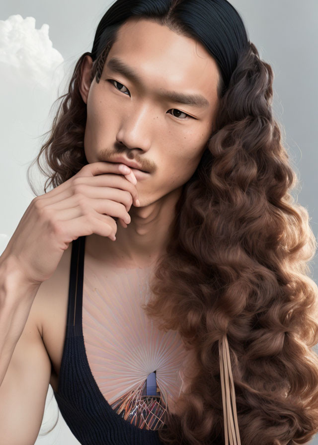 Person with long wavy brown hair and facial hair in navy strap top.