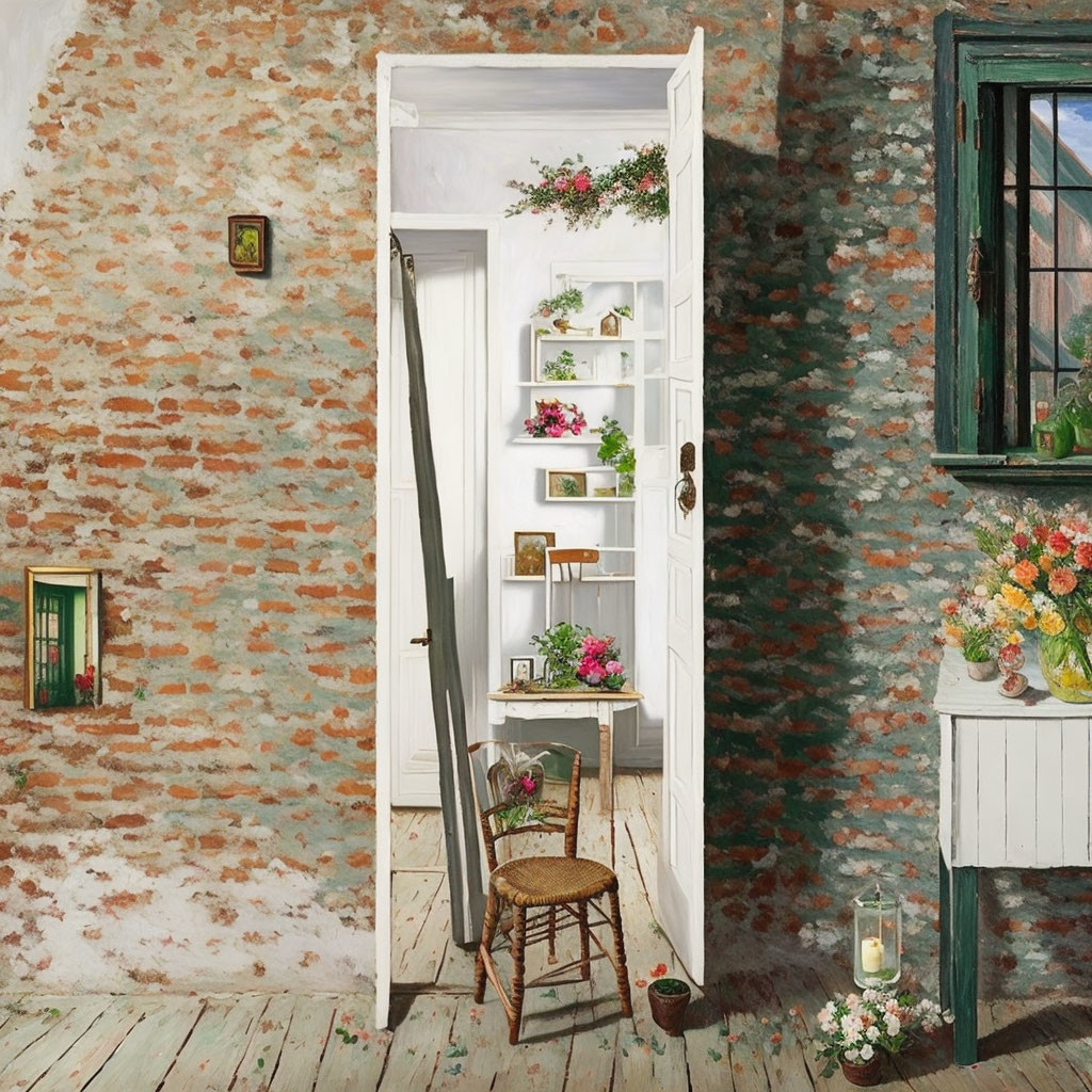 Rustic room with white bookcase, plants, wooden chair, brick wall