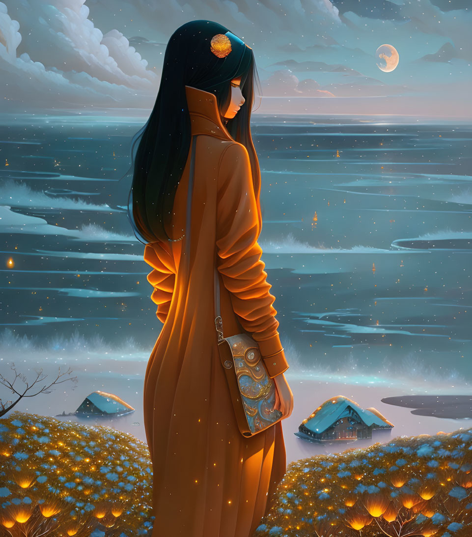 Woman in Golden Dress Gazes at Tranquil Night Sea