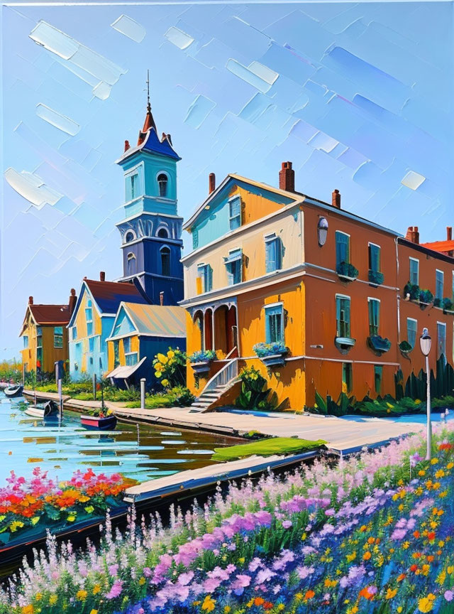 Vibrant canal scene with boats, orange building, flowers, and blue tower.