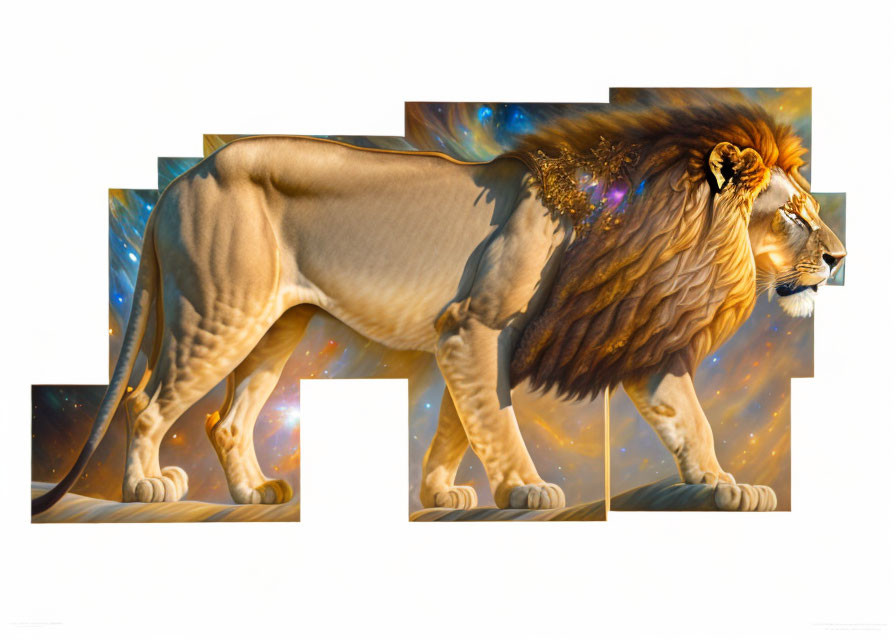 Majestic lion with cosmic mane on fragmented panels amid stars.