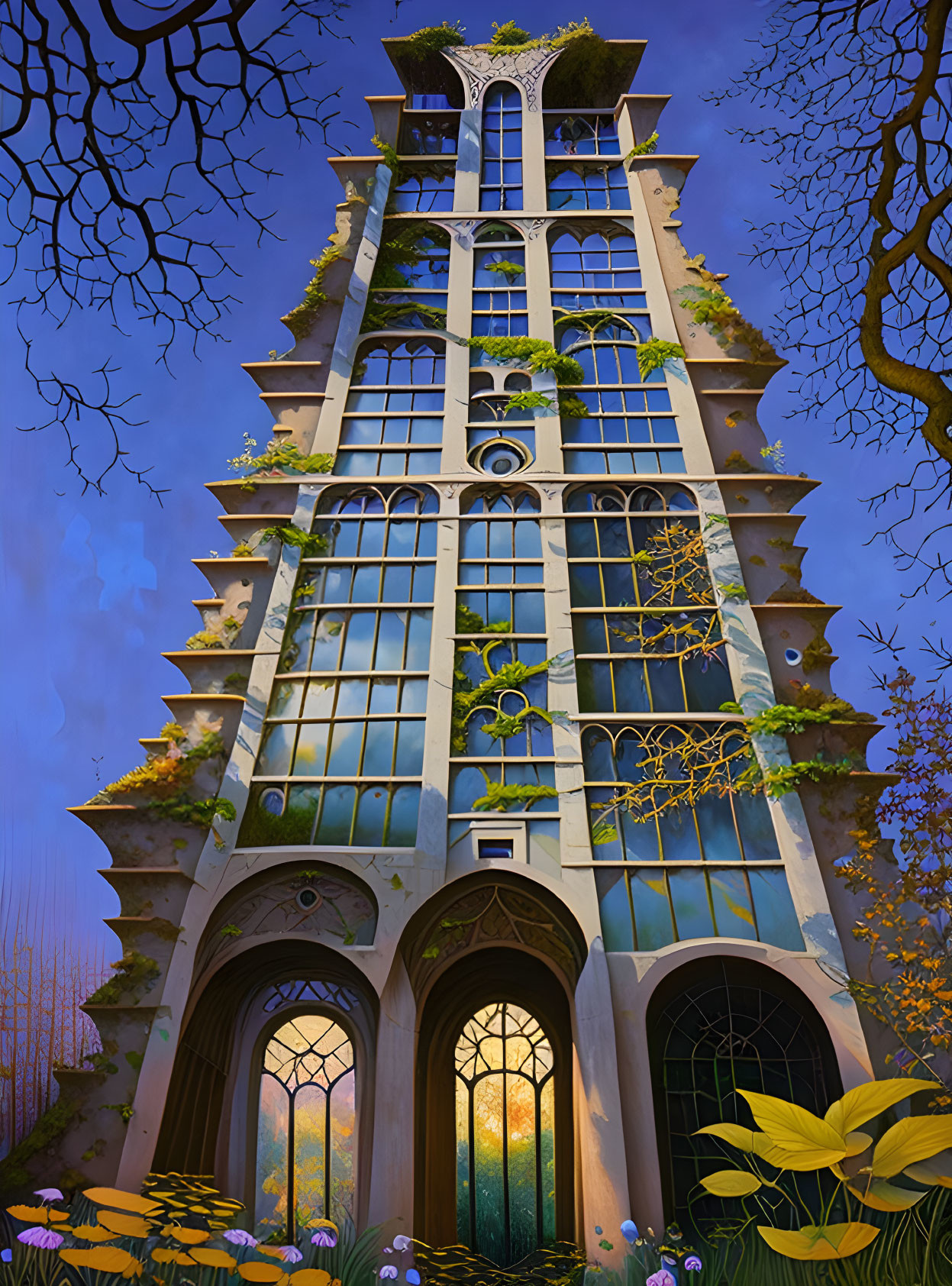 Tall building harmonizing with nature, arched doorways, large windows, ivy, twilight