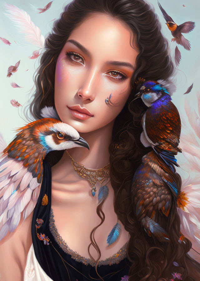 Woman with Wavy Hair and Colorful Birds in Serene Setting