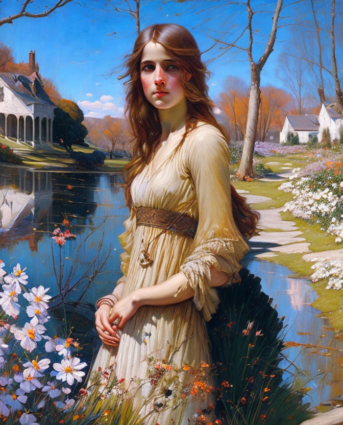 Woman in vintage yellow dress by riverbank with blooming flowers and quaint cottage.