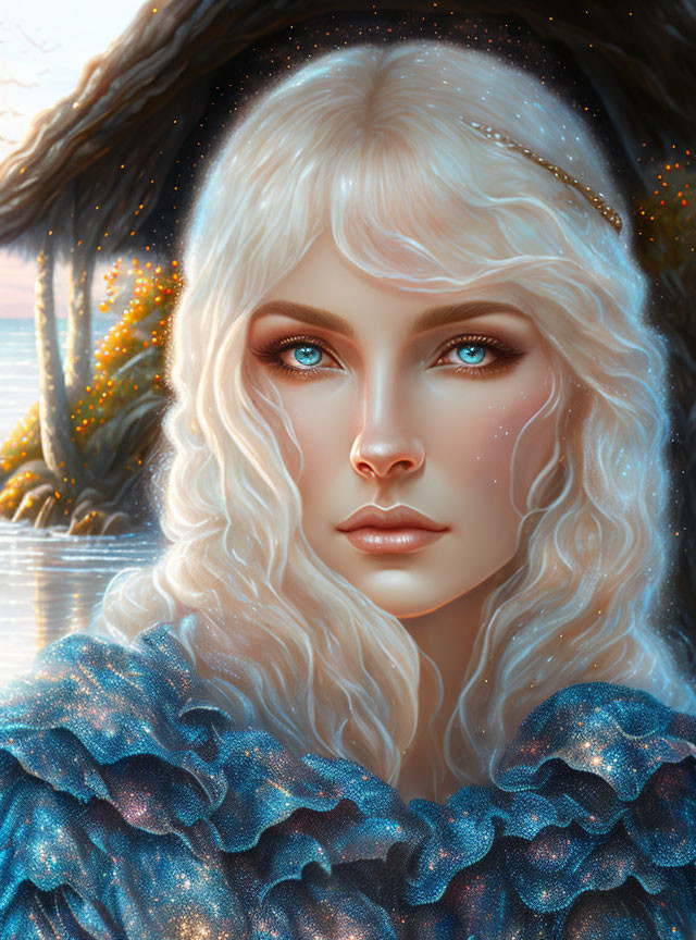 Fantasy portrait of a woman with blue eyes, white curly hair, and shimmering blue attire