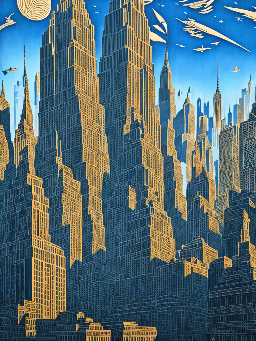 Stylized city skyline with birds against blue sky