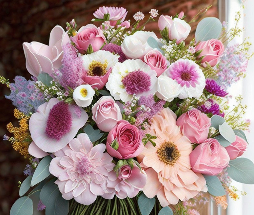 Assorted Flowers Bouquet with Pink, White, and Purple Blooms on Brick Background