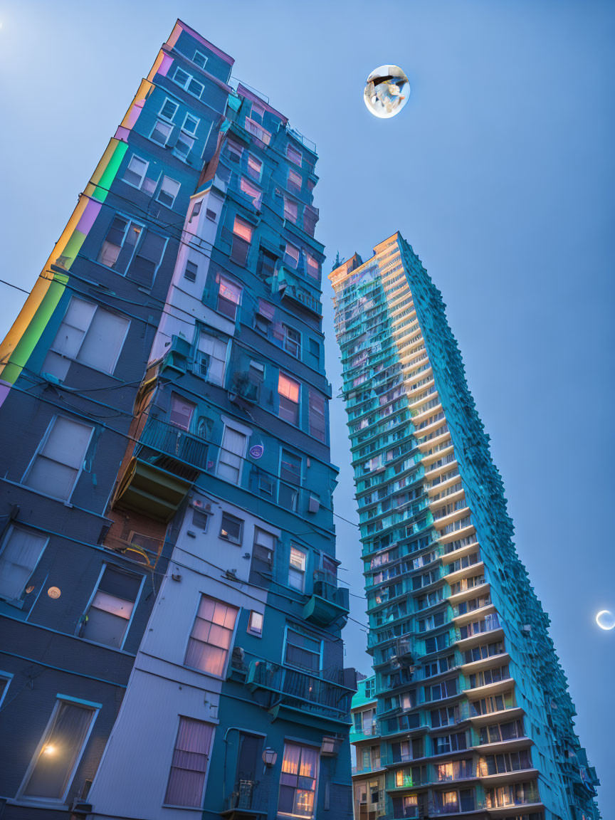 Multicolored high-rise building and bubble in twilight cityscape