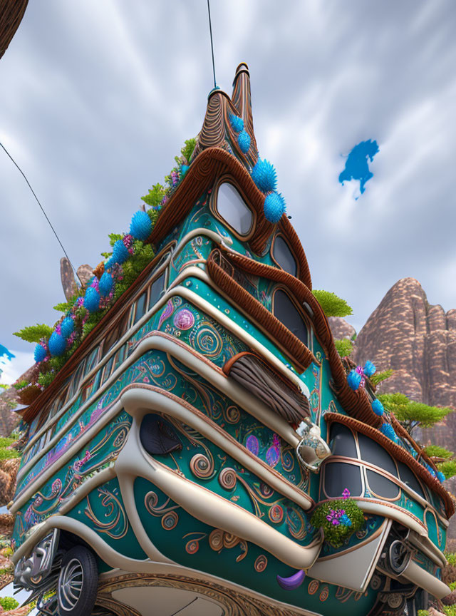 Animated vehicle-shaped house with blue floral patterns against mountain backdrop