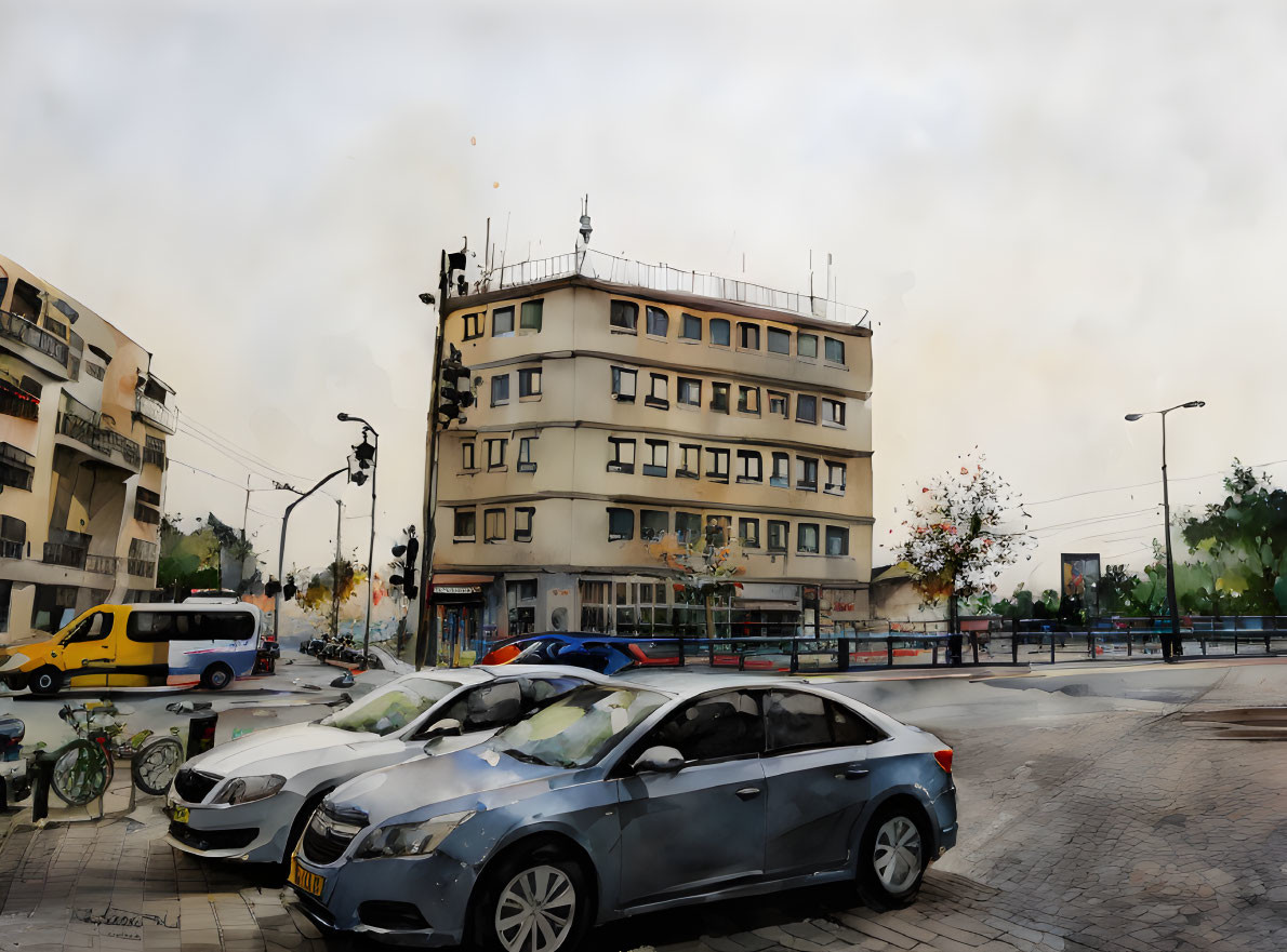 Urban street corner watercolor painting with vehicles, traffic light, and cloudy sky