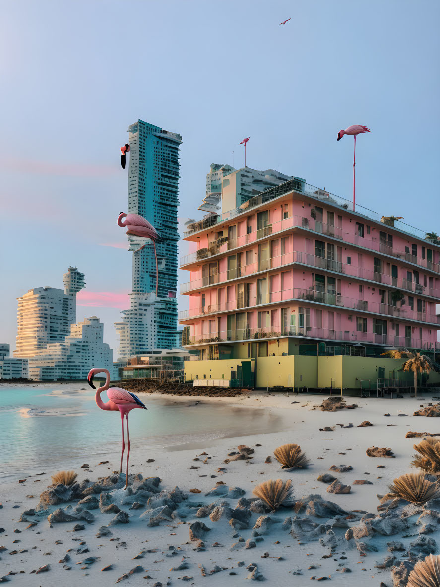 Surreal cityscape with pink flamingos, beach, pastel building, and skyscrapers