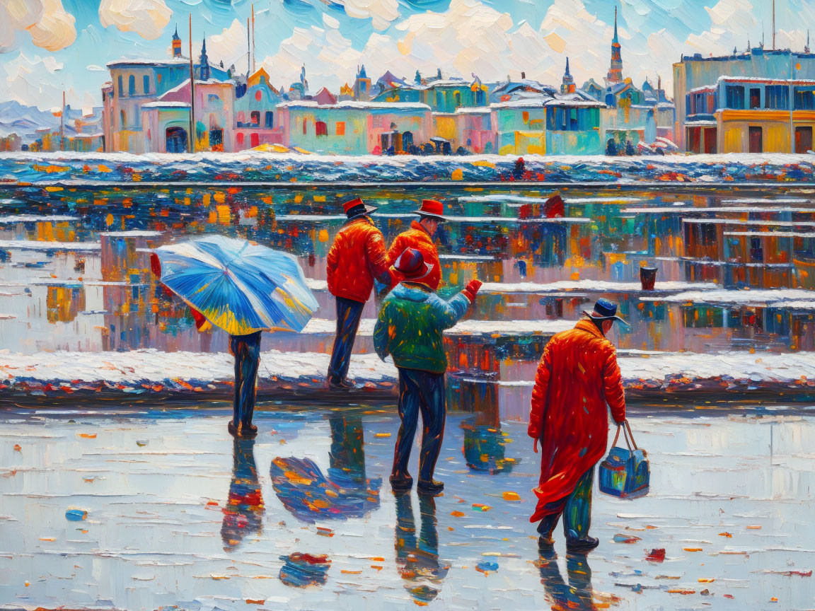 Vibrant impressionist painting of people with umbrellas on wet surface