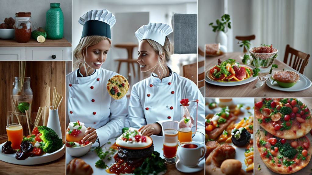 Chefs preparing gourmet dishes in a kitchen setting