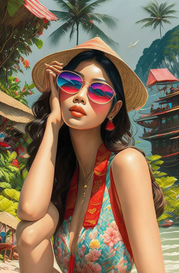 Illustration of woman in sunhat, sunglasses, floral outfit at tropical beach