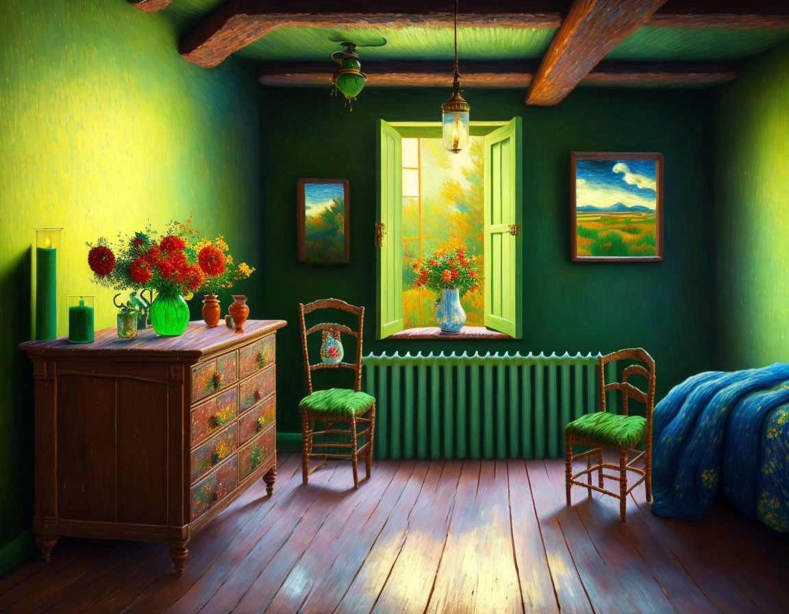 Cozy room with green walls, wooden furniture, bright flowers, open window