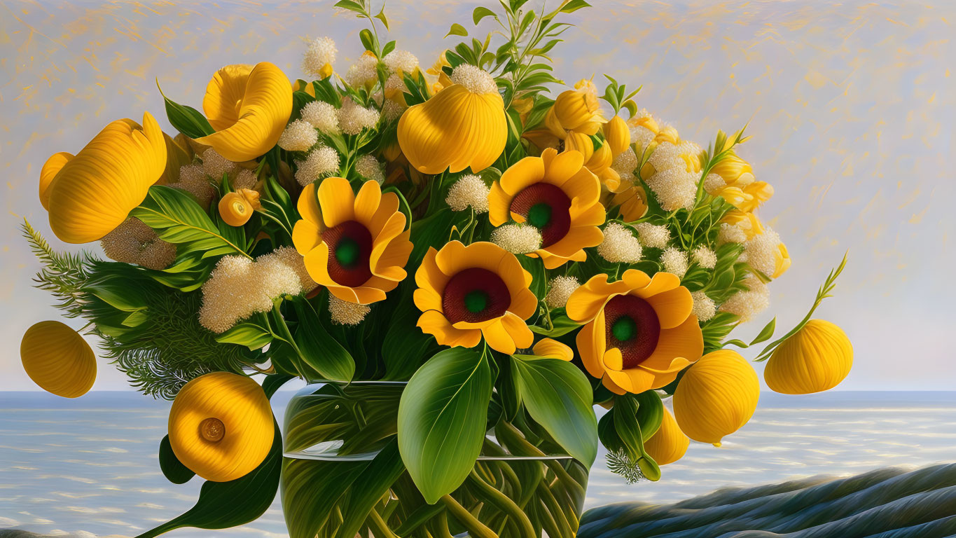 Yellow Flowers and Green Leaves in Glass Vase with Sea and Sky Background