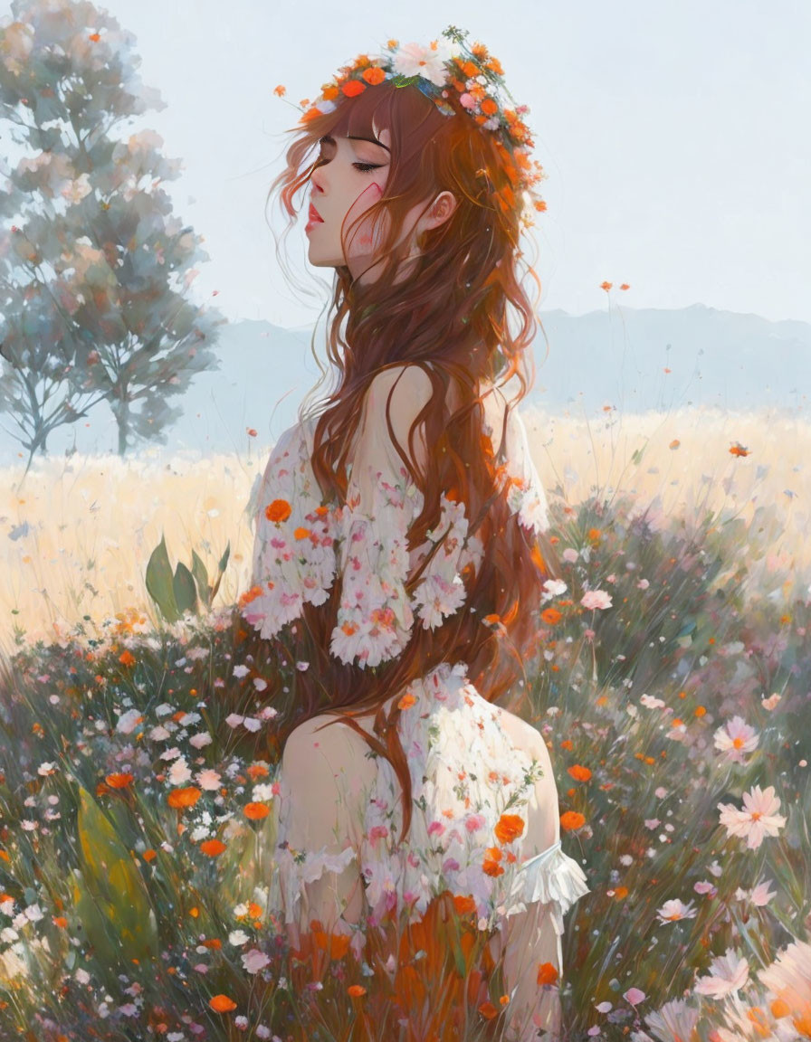 Floral-themed digital painting of woman in sunlit meadow