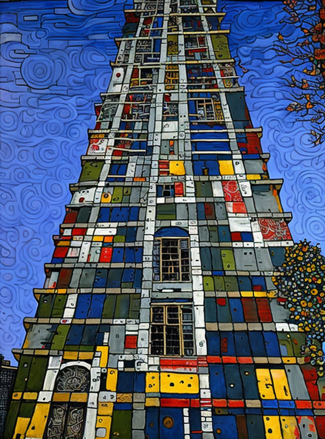 Vibrant patchwork building with swirling sky and autumn trees