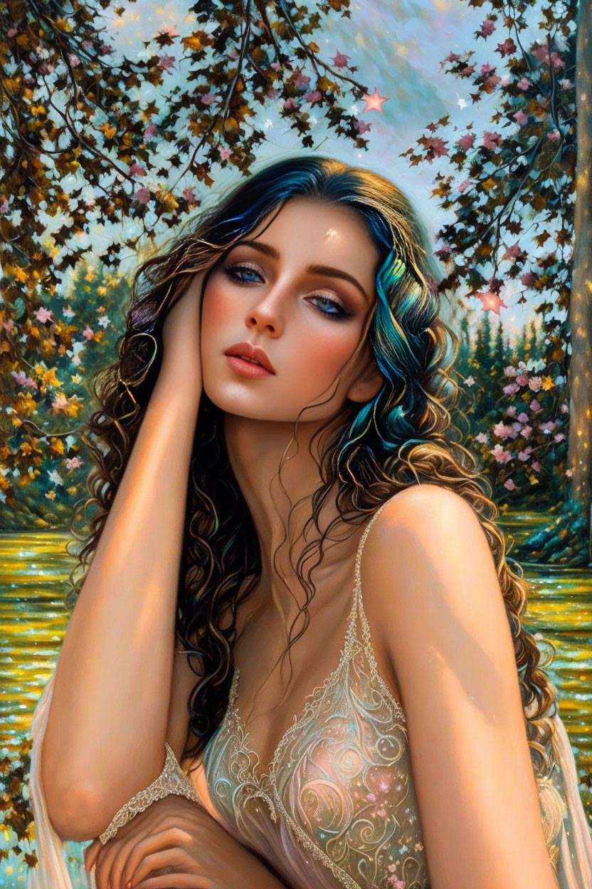 Woman with Blue Eyes and Curly Hair in Enchanting Forest by Water