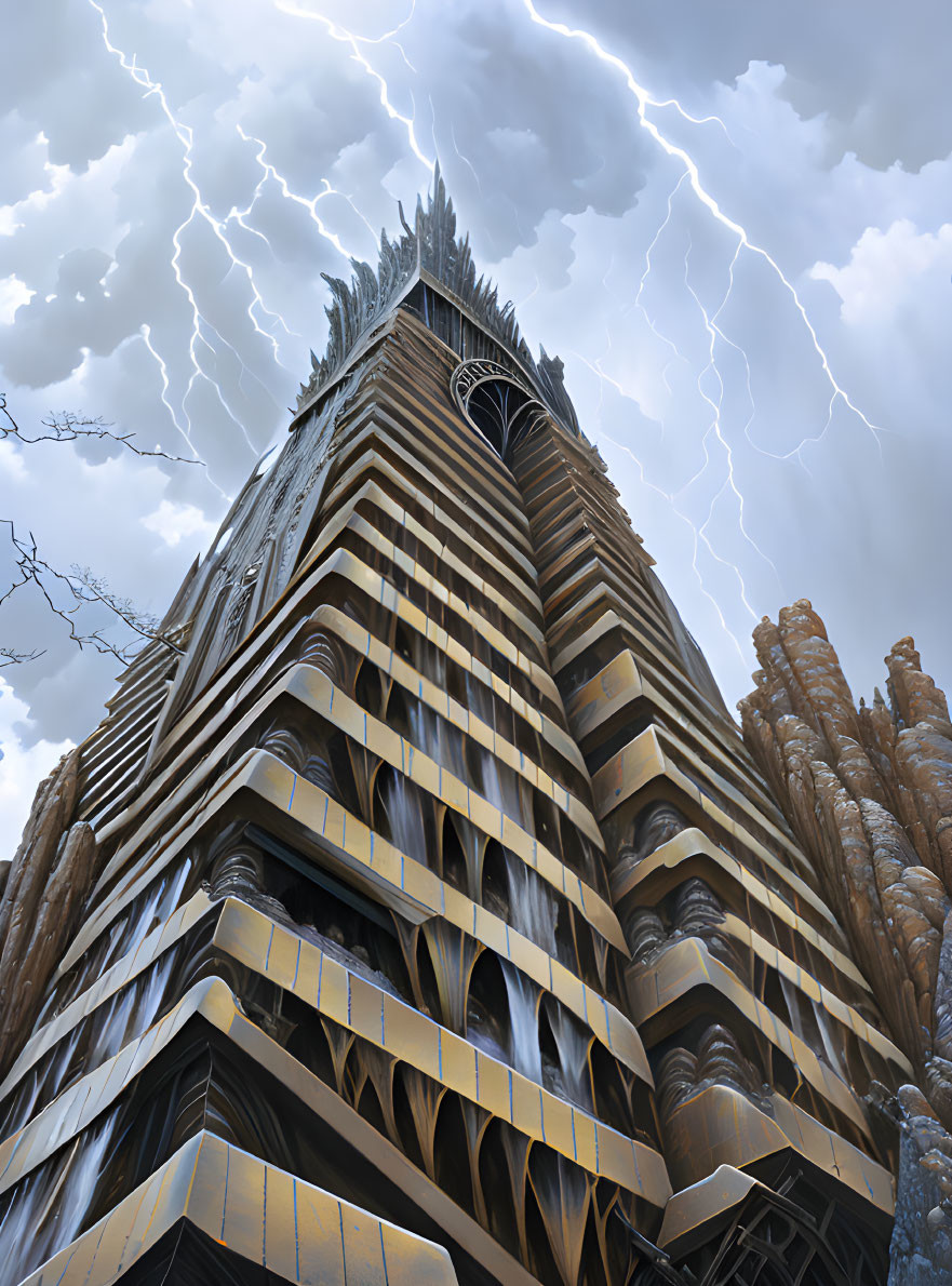 Gothic Skyscraper with Layered Architecture in Stormy Sky