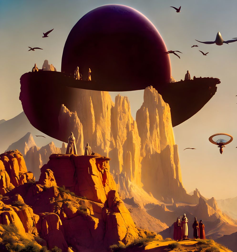 Surreal desert landscape with towering rock formations and giant sphere above