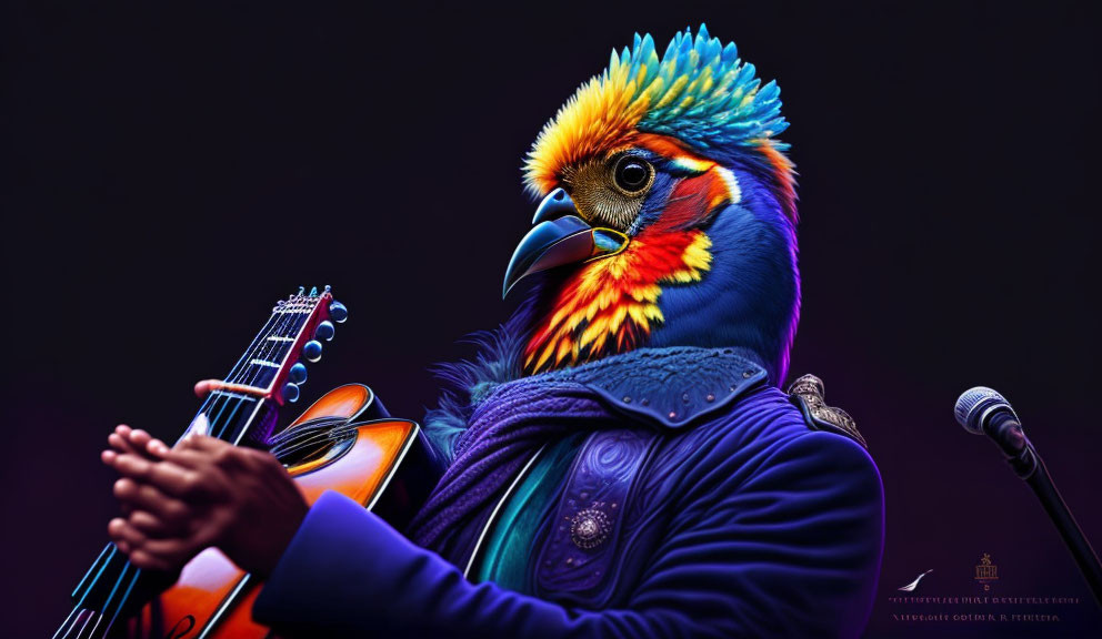 Colorful anthropomorphic bird playing guitar on stage in blue jacket