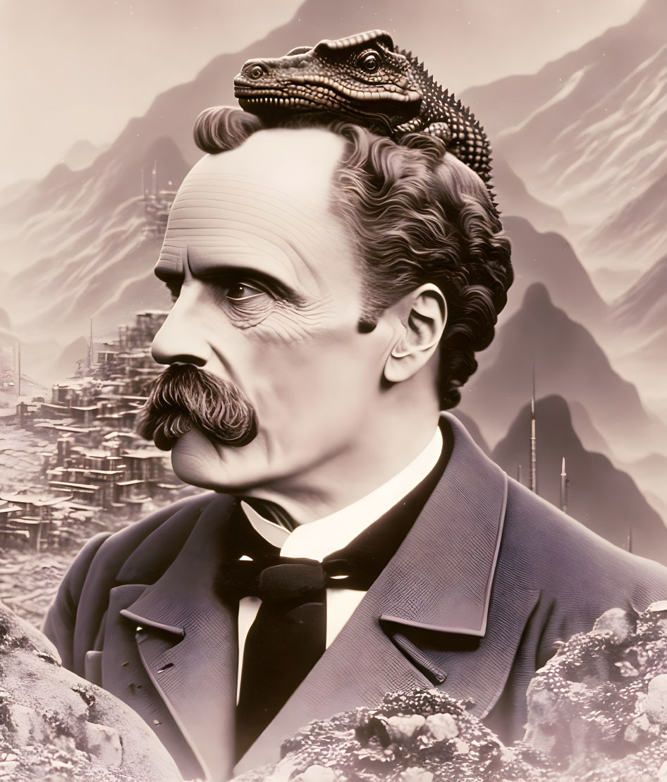 Surreal sepia-toned art: man in Victorian attire with mustache and reptile on