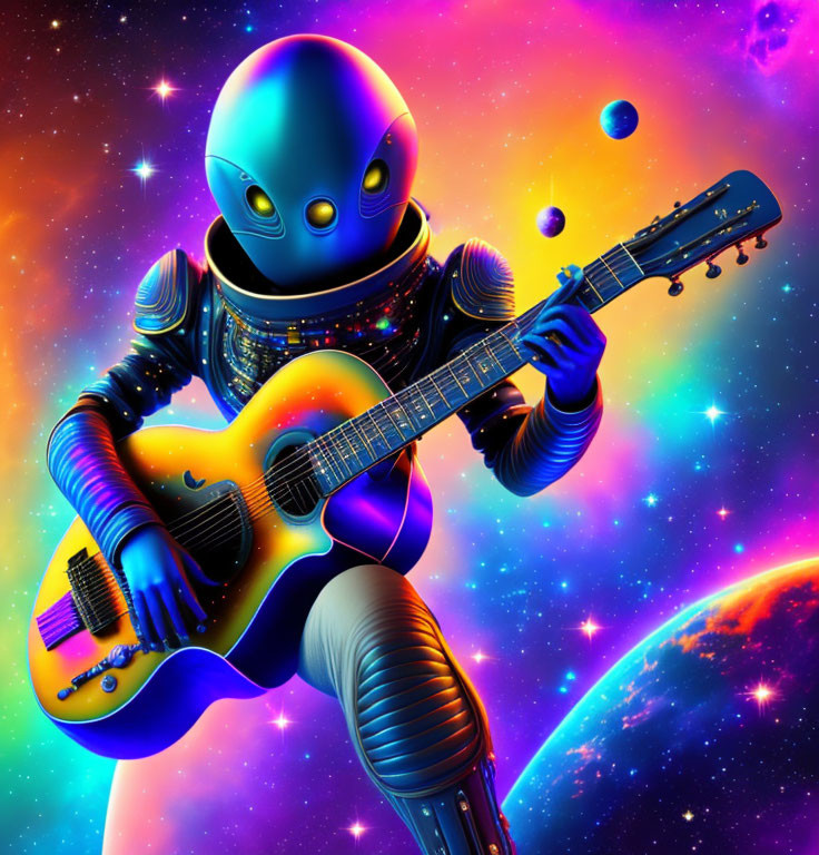 Alien playing guitar in vibrant cosmic scene