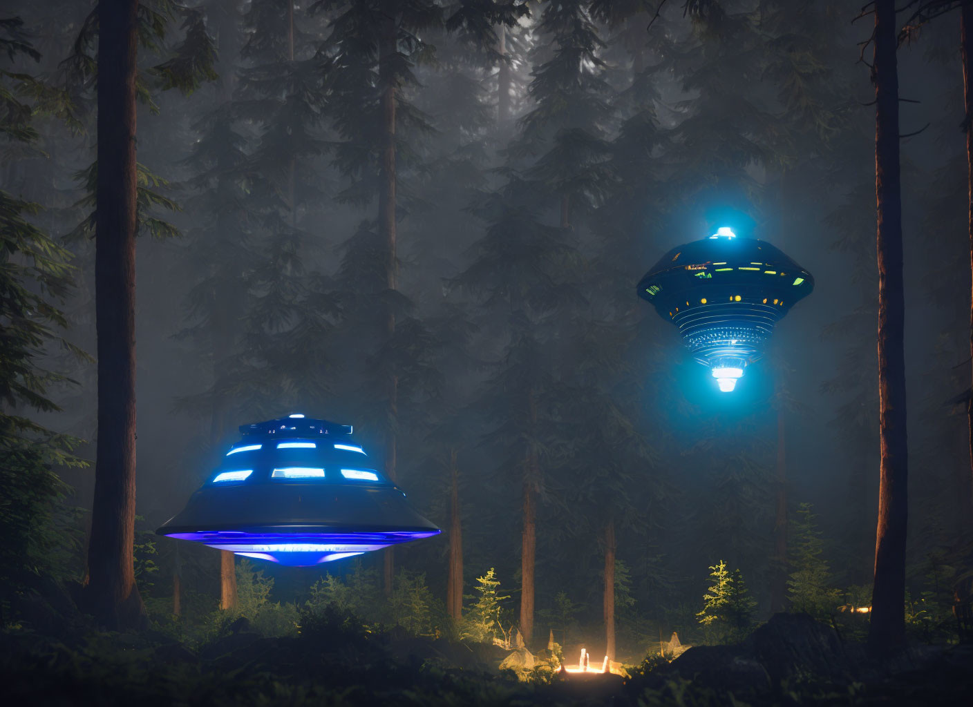 Misty forest scene: Two UFOs emitting blue light above burning fire