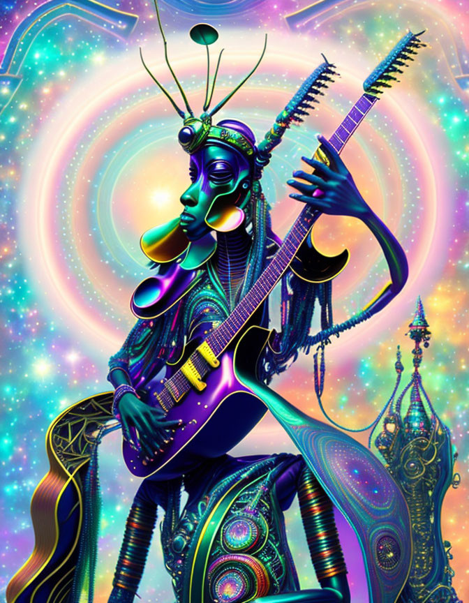 Celestial being playing guitar in cosmic digital artwork