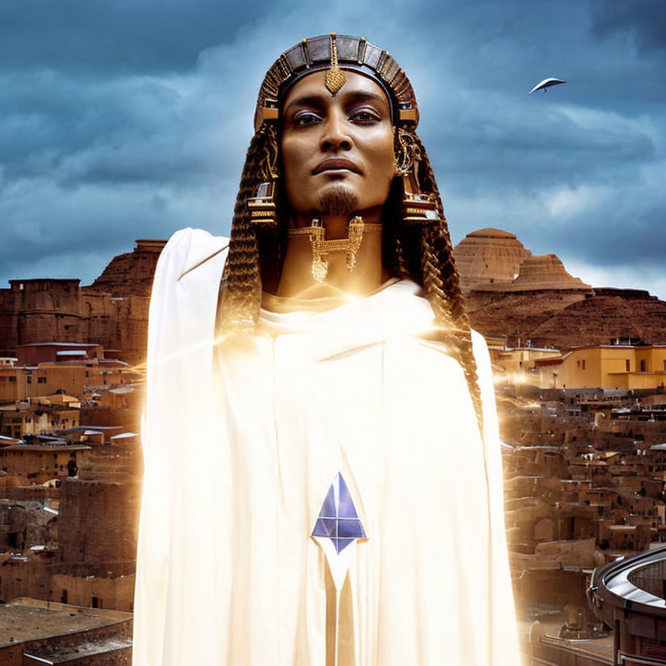 Ancient Egyptian-themed person with pyramids backdrop