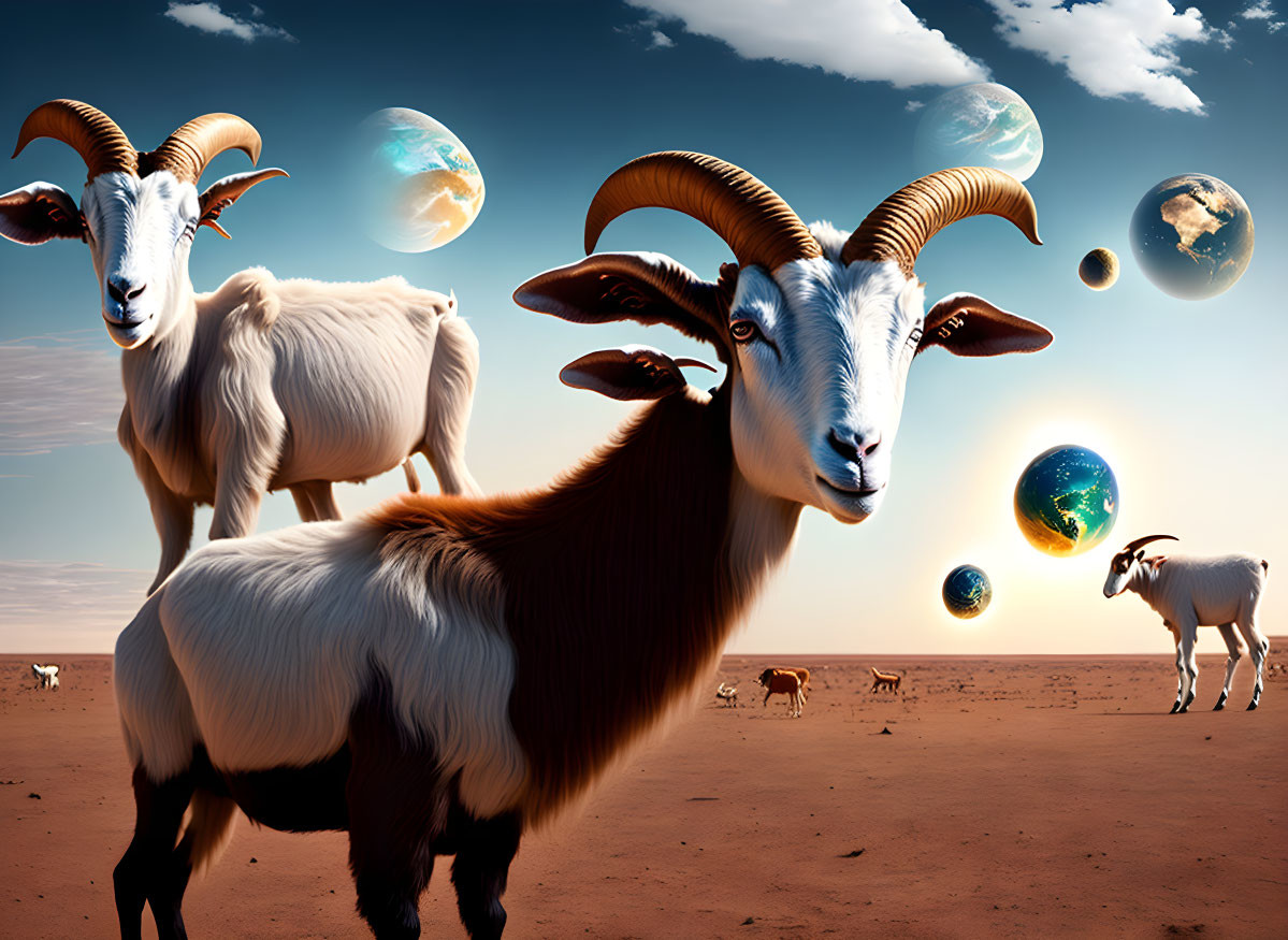 Two goats in desert under surreal sky with planets and moons.