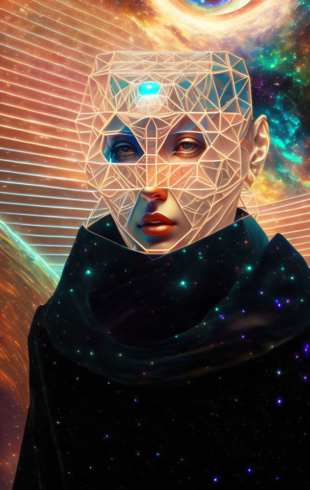 Geometric-patterned woman with cosmic eyes in vibrant space setting