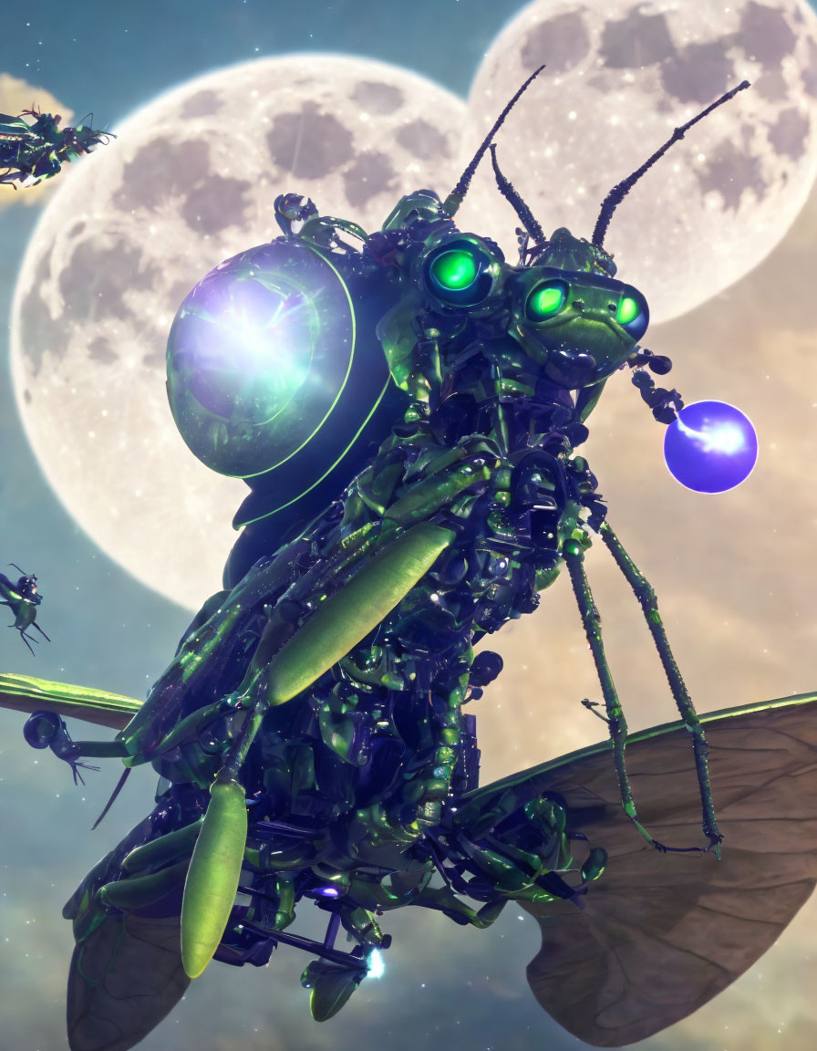 Digital Art: Giant Mechanical Insect with Glowing Green Eyes under Twin Moons