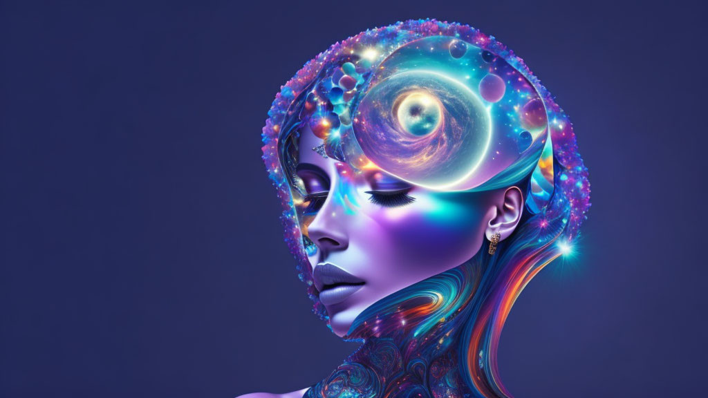 Digital Artwork: Female Figure with Cosmic Elements and Vibrant Colors