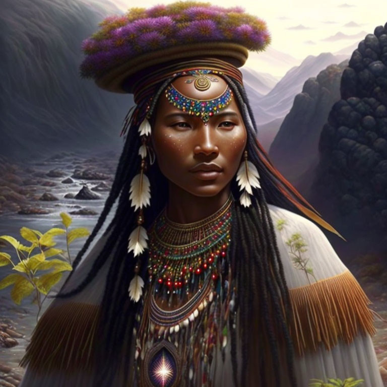 Indigenous Woman in Traditional Attire with Beadwork and Feathers in Mountain Landscape